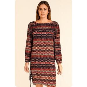 Zara Woman Dress Red Multicolor Chevron Stripes Long Sleeve Shift Fringe SZ M